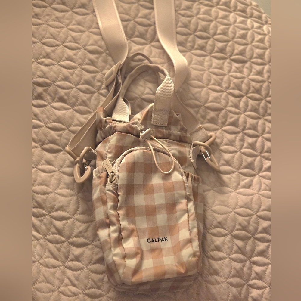 Calpak Peach & Cream Gingham Drawstring Mini Crossbody